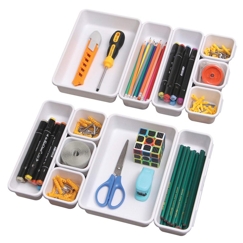 TENABORT Set of 12 Interlocking Desk Drawer Organizer Tray Dividers Plastic Shallow Narrow Drawers Organizers Separators Storage Bins Container for Kitchen Bathroom Makeup Office Vanity Bedroom Dresser White - Image 1